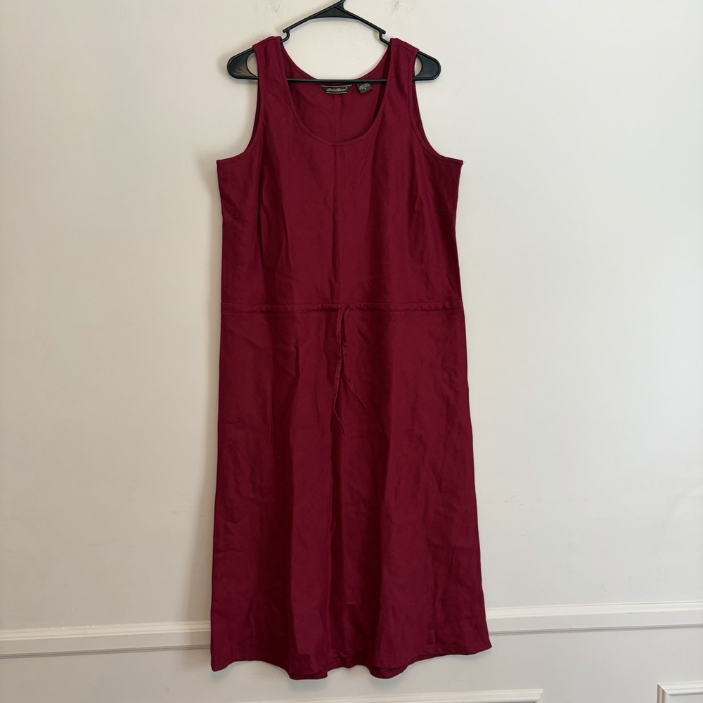 Eddie Bauer Linen Burgundy Tie Midi Dress Sz 16 Cottagecore Lagenlook Crunchy
